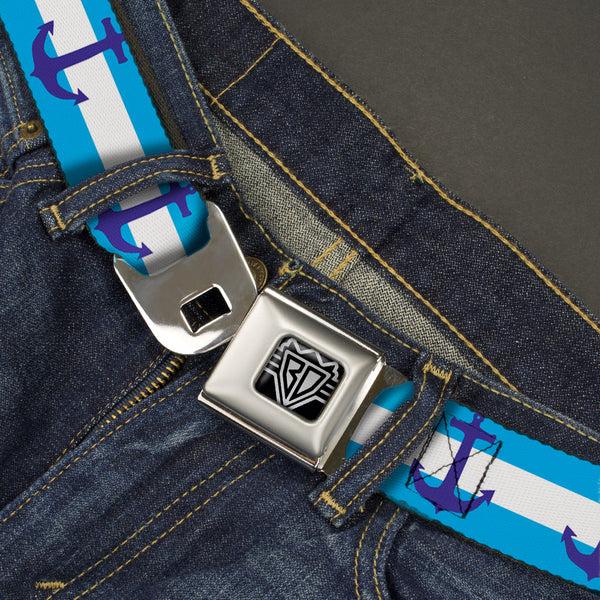 Buckle-Down BD Wings Logo CLOSE-UP Full Color Black Silver Seatbelt Belt - Anchor/Stripe Blues/White Webbing