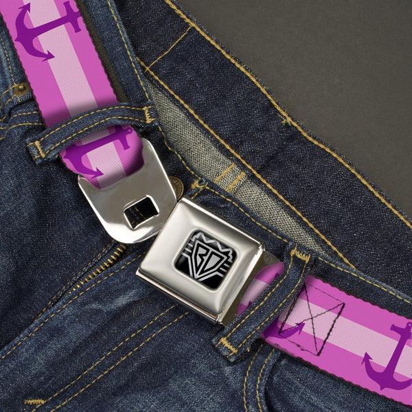 Buckle-Down BD Wings Logo CLOSE-UP Full Color Black Silver Seatbelt Belt - Anchor/Stripe Pinks/Purple Webbing