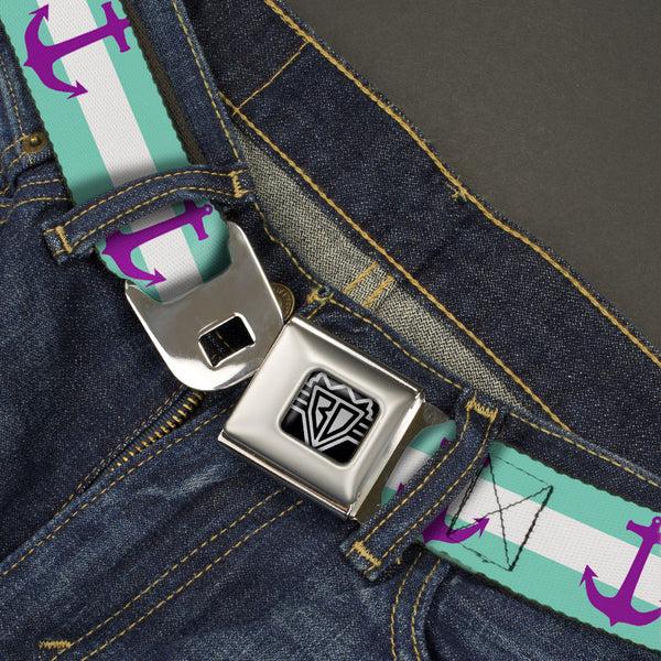 Buckle-Down BD Wings Logo CLOSE-UP Full Color Black Silver Seatbelt Belt - Anchor/Stripe Teal/White/Purple Webbing