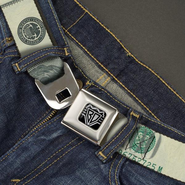 Buckle-Down BD Wings Logo CLOSE-UP Full Color Black Silver Seatbelt Belt - 100 Dollar Bill CLOSE-UP Webbing