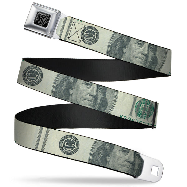 Buckle-Down BD Wings Logo CLOSE-UP Full Color Black Silver Seatbelt Belt - 100 Dollar Bill CLOSE-UP Webbing