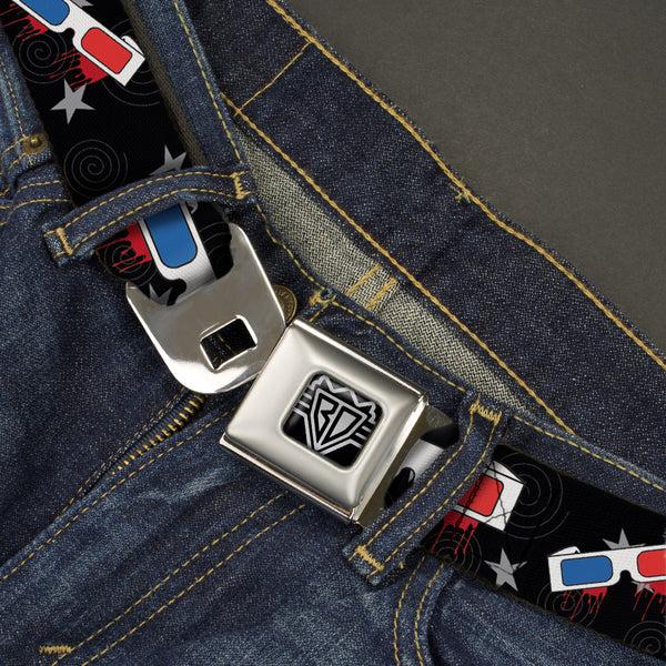 Buckle-Down BD Wings Logo CLOSE-UP Full Color Black Silver Seatbelt Belt - 3-D Glasses Dripping W/Stars Webbing