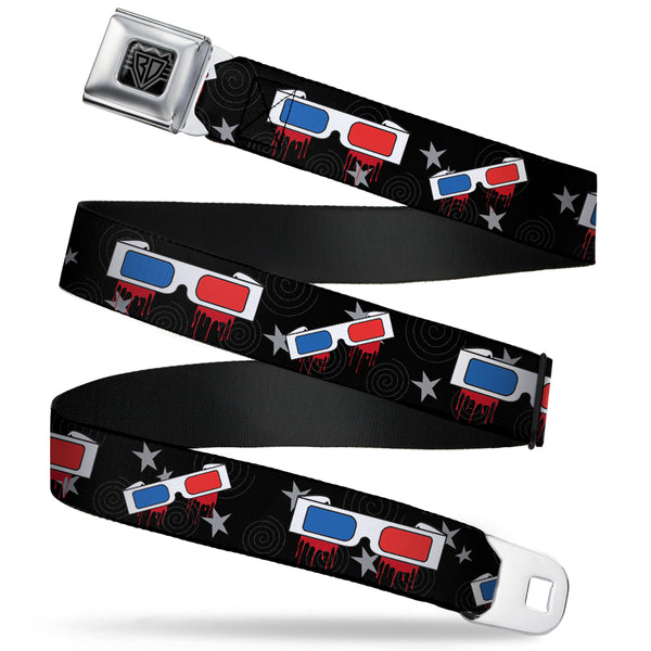 Buckle-Down BD Wings Logo CLOSE-UP Full Color Black Silver Seatbelt Belt - 3-D Glasses Dripping w/Stars Webbing
