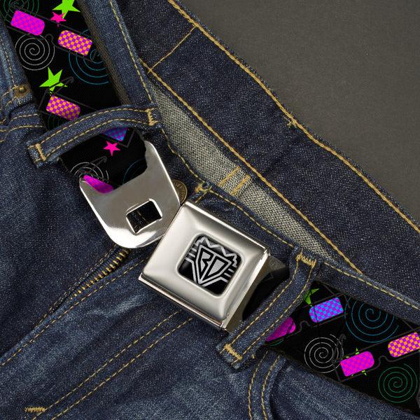 Buckle-Down BD Wings Logo CLOSE-UP Full Color Black Silver Seatbelt Belt - 3-D Glasses W/Stars Multi Color Webbing