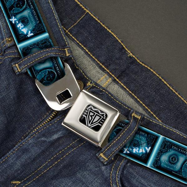 Buckle-Down BD Wings Logo CLOSE-UP Full Color Black Silver Seatbelt Belt - $1 Bill X-Ray Webbing