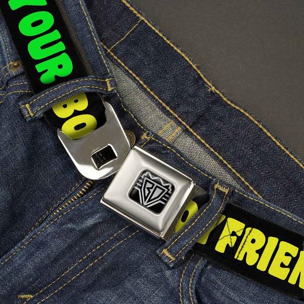 Buckle-Down BD Wings Logo CLOSE-UP Full Color Black Silver Seatbelt Belt - YOUR BOYFRIEND LOVES ME W/Kiss Black/Neon Webbing