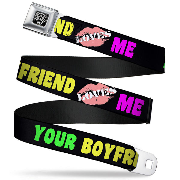 Buckle-Down BD Wings Logo CLOSE-UP Full Color Black Silver Seatbelt Belt - YOUR BOYFRIEND LOVES ME w/Kiss Black/Neon Webbing
