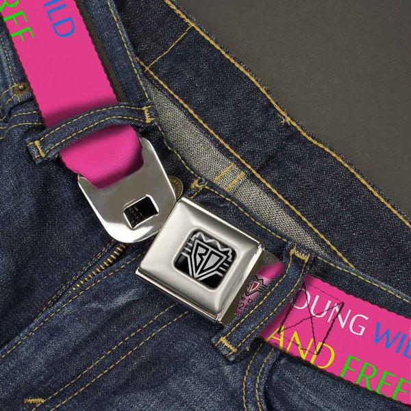 Buckle-Down BD Wings Logo CLOSE-UP Full Color Black Silver Seatbelt Belt - YOUNG WILD AND FREE Pink/White/Blue/Yellow/Green Webbing