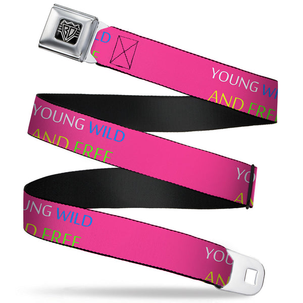 Buckle-Down BD Wings Logo CLOSE-UP Full Color Black Silver Seatbelt Belt - YOUNG WILD AND FREE Pink/White/Blue/Yellow/Green Webbing