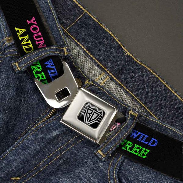 Buckle-Down BD Wings Logo CLOSE-UP Full Color Black Silver Seatbelt Belt - YOUNG WILD AND FREE Outline Black/Multi Neon Webbing