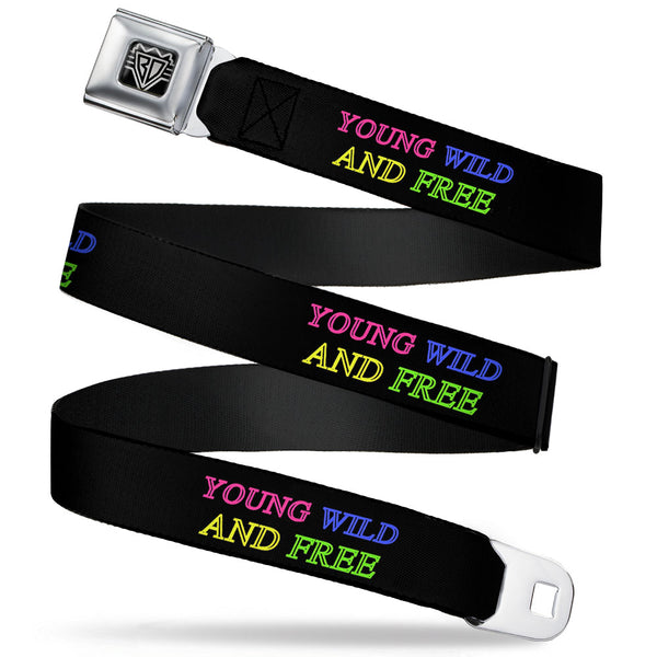 Buckle-Down BD Wings Logo CLOSE-UP Full Color Black Silver Seatbelt Belt - YOUNG WILD AND FREE Outline Black/Multi Neon Webbing