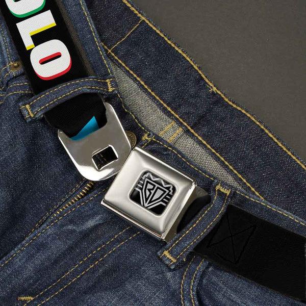 Buckle-Down BD Wings Logo CLOSE-UP Full Color Black Silver Seatbelt Belt - YOLO Black/Multi Color Webbing