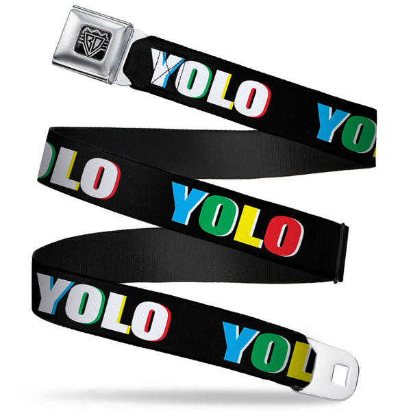 Buckle-Down BD Wings Logo CLOSE-UP Full Color Black Silver Seatbelt Belt - YOLO Black/Multi Color Webbing