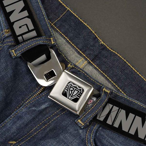 Buckle-Down BD Wings Logo CLOSE-UP Full Color Black Silver Seatbelt Belt - WINNING Black/Gray Webbing