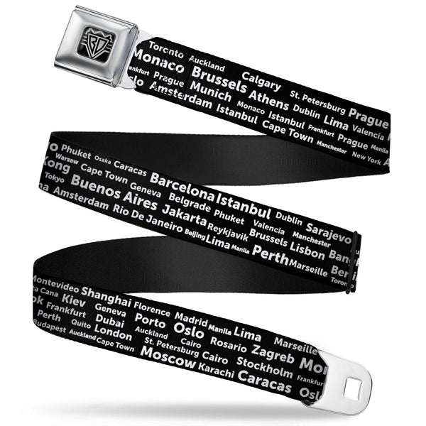 Buckle-Down BD Wings Logo CLOSE-UP Full Color Black Silver Seatbelt Belt - Verbiage Destination Cities Black/White Webbing