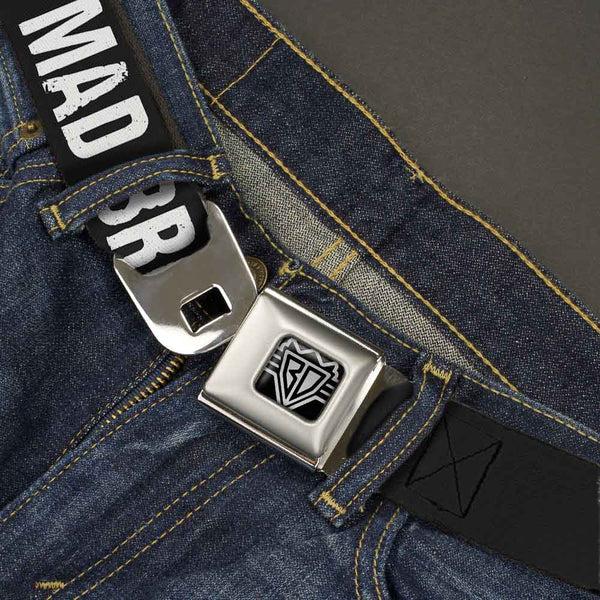 Buckle-Down BD Wings Logo CLOSE-UP Full Color Black Silver Seatbelt Belt - U MAD BRO? Weathered Black/White Webbing