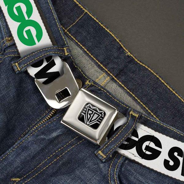 Buckle-Down BD Wings Logo CLOSE-UP Full Color Black Silver Seatbelt Belt - SWAGG White/Black/Green Webbing