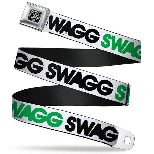 Buckle-Down BD Wings Logo CLOSE-UP Full Color Black Silver Seatbelt Belt - SWAGG White/Black/Green Webbing