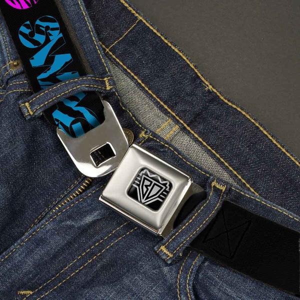 Buckle-Down BD Wings Logo CLOSE-UP Full Color Black Silver Seatbelt Belt - SWAGG Black/Zebra Multi Neon Webbing