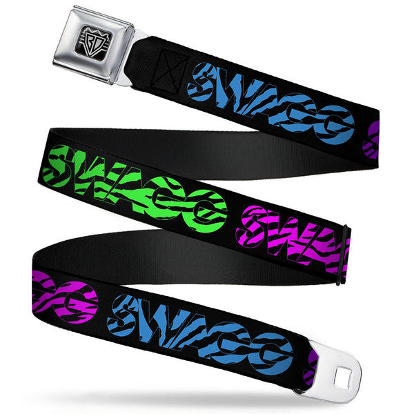 Buckle-Down BD Wings Logo CLOSE-UP Full Color Black Silver Seatbelt Belt - SWAGG Black/Zebra Multi Neon Webbing