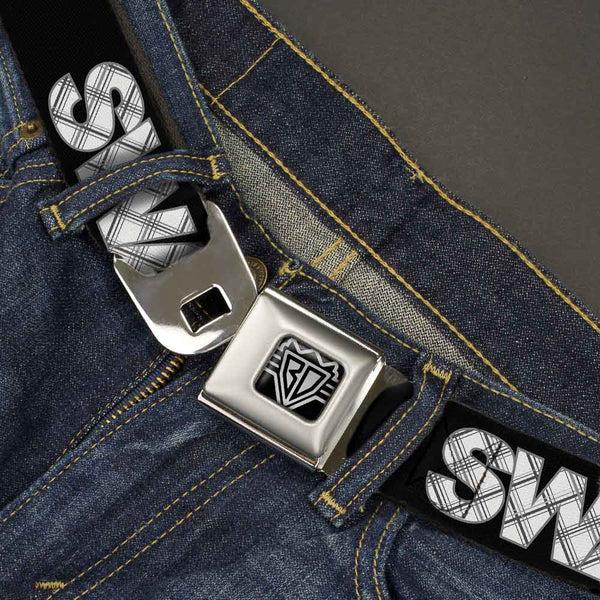Buckle-Down BD Wings Logo CLOSE-UP Full Color Black Silver Seatbelt Belt - SWAG Black/Plaid X White/Gray Webbing