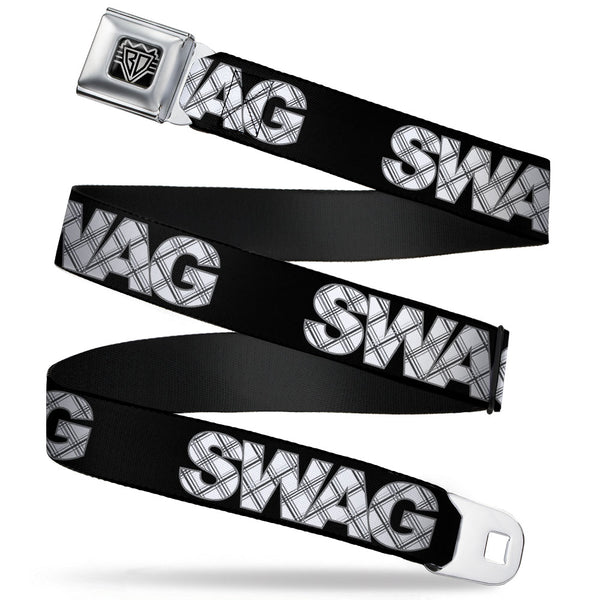 Buckle-Down BD Wings Logo CLOSE-UP Full Color Black Silver Seatbelt Belt - SWAG Black/Plaid X White/Gray Webbing