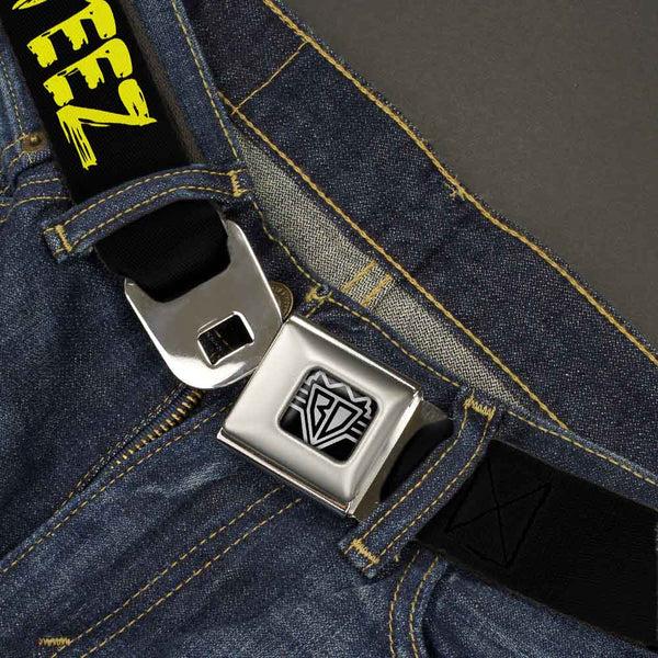 Buckle-Down BD Wings Logo CLOSE-UP Full Color Black Silver Seatbelt Belt - STEEZ Brushed Black/Yellow Webbing