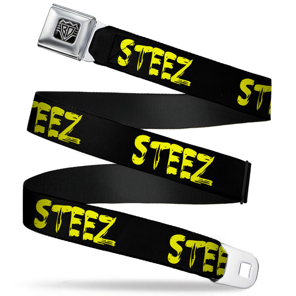 Buckle-Down BD Wings Logo CLOSE-UP Full Color Black Silver Seatbelt Belt - STEEZ Brushed Black/Yellow Webbing