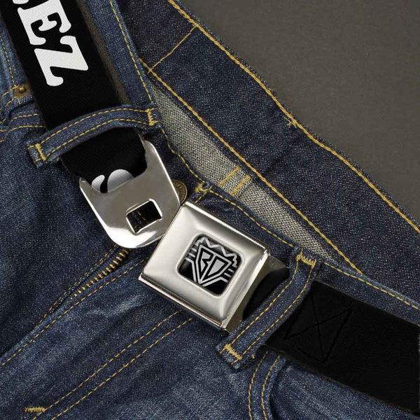Buckle-Down BD Wings Logo CLOSE-UP Full Color Black Silver Seatbelt Belt - STEEZ Black/White Webbing