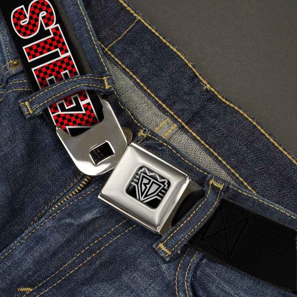Buckle-Down BD Wings Logo CLOSE-UP Full Color Black Silver Seatbelt Belt - STEEZ Black/Checker Black/Red Webbing