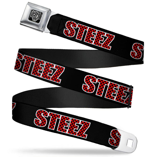 Buckle-Down BD Wings Logo CLOSE-UP Full Color Black Silver Seatbelt Belt - STEEZ Black/Checker Black/Red Webbing