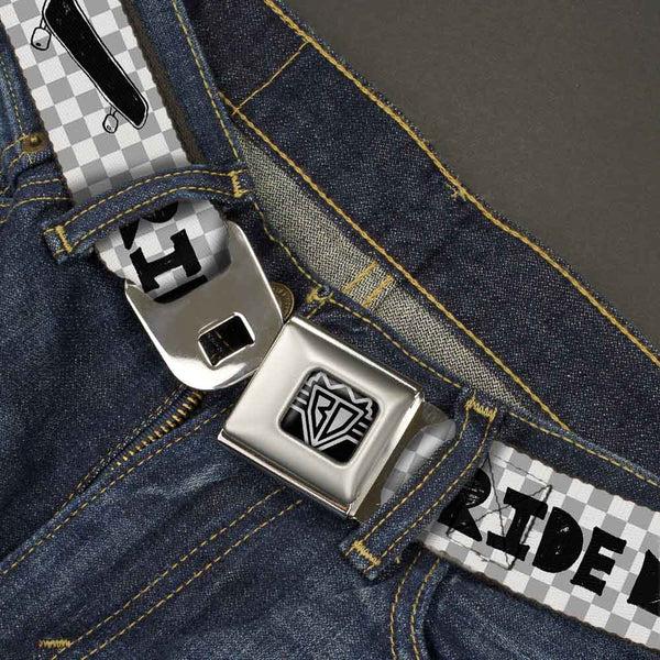 Buckle-Down BD Wings Logo CLOSE-UP Full Color Black Silver Seatbelt Belt - RIDE ME Skateboard W/Mini Checker White/Gray/Black Webbing