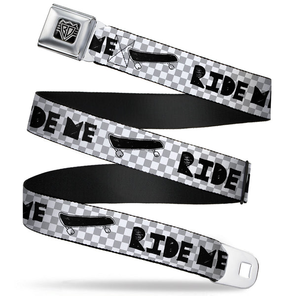 Buckle-Down BD Wings Logo CLOSE-UP Full Color Black Silver Seatbelt Belt - RIDE ME Skateboard w/Mini Checker White/Gray/Black Webbing