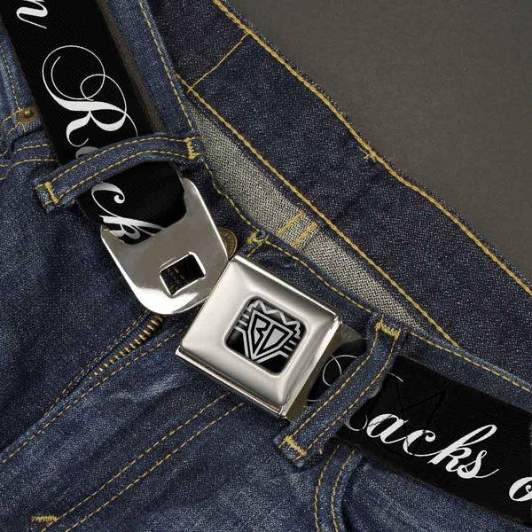 Buckle-Down BD Wings Logo CLOSE-UP Full Color Black Silver Seatbelt Belt - RACKS ON RACKS Black/White Webbing