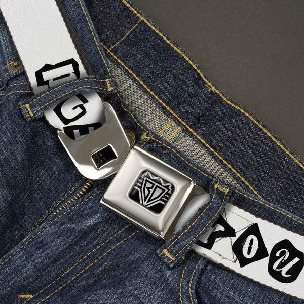 Buckle-Down BD Wings Logo CLOSE-UP Full Color Black Silver Seatbelt Belt - Punk You White/Black Webbing