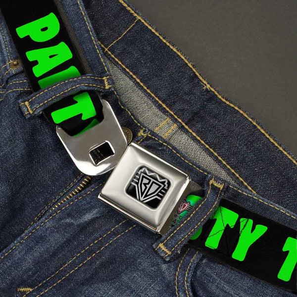 Buckle-Down BD Wings Logo CLOSE-UP Full Color Black Silver Seatbelt Belt - PARTY TIME Black/Green/Turquoise/Fuchsia Webbing