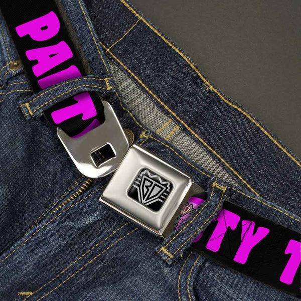 Buckle-Down BD Wings Logo CLOSE-UP Full Color Black Silver Seatbelt Belt - PARTY TIME Black/Fuchsia Webbing