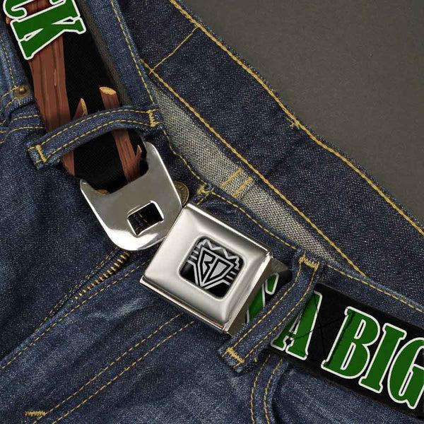Buckle-Down BD Wings Logo CLOSE-UP Full Color Black Silver Seatbelt Belt - ONE OF US LIKES BIG STICKS/Sticks Black/Brown/Green Webbing