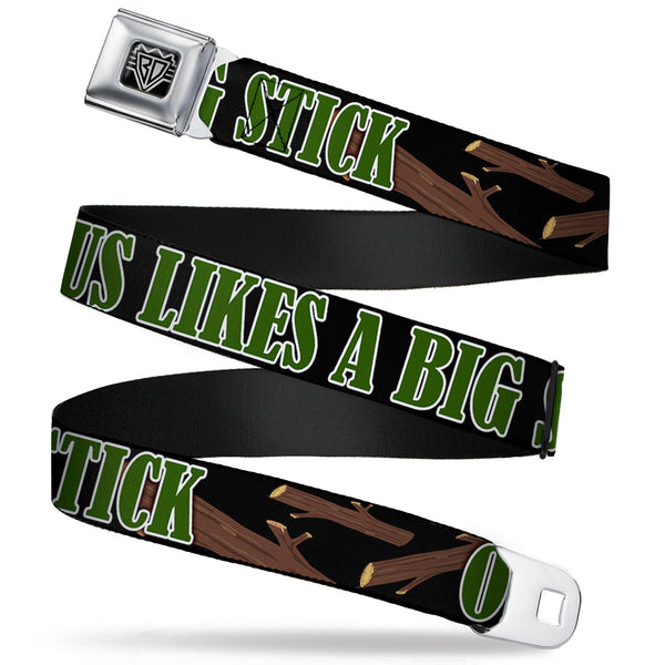 Buckle-Down BD Wings Logo CLOSE-UP Full Color Black Silver Seatbelt Belt - ONE OF US LIKES BIG STICKS/Sticks Black/Brown/Green Webbing