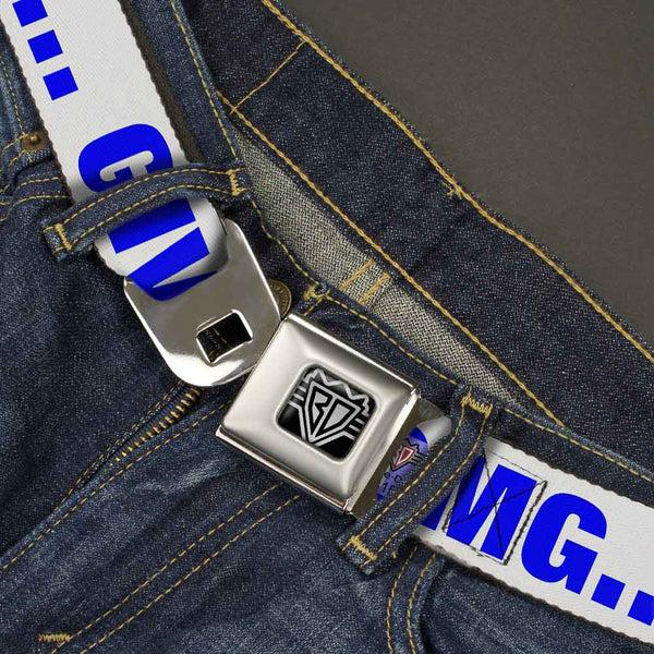 Buckle-Down BD Wings Logo CLOSE-UP Full Color Black Silver Seatbelt Belt - OMGâ€¦GIVE ME A BREAK White/Royal Webbing