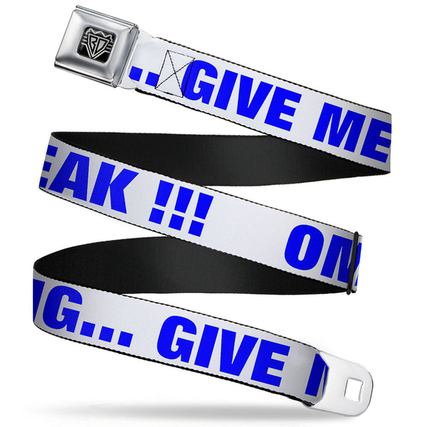 Buckle-Down BD Wings Logo CLOSE-UP Full Color Black Silver Seatbelt Belt - OMG…GIVE ME A BREAK White/Royal Webbing
