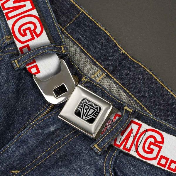 Buckle-Down BD Wings Logo CLOSE-UP Full Color Black Silver Seatbelt Belt - OMG…GIVE ME A BREAK White/Red Webbing