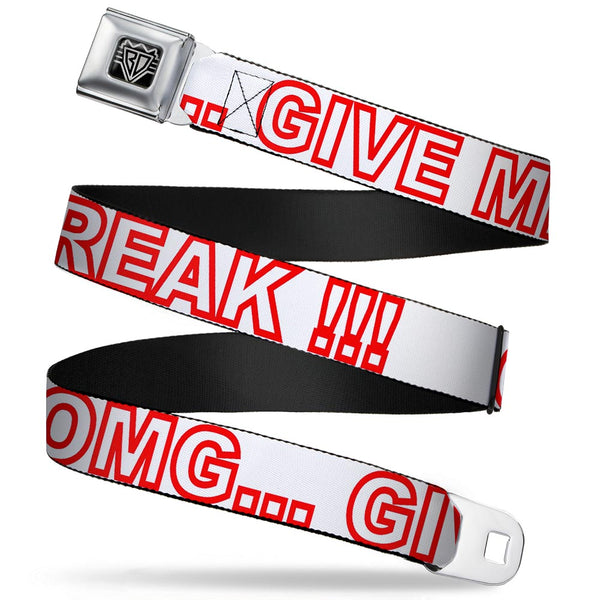 Buckle-Down BD Wings Logo CLOSE-UP Full Color Black Silver Seatbelt Belt - OMG…GIVE ME A BREAK White/Red Webbing