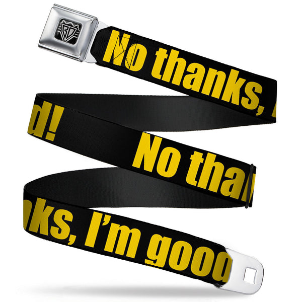 Buckle-Down BD Wings Logo CLOSE-UP Full Color Black Silver Seatbelt Belt - NO THANKS I'M GOOD Black/Gold Webbing
