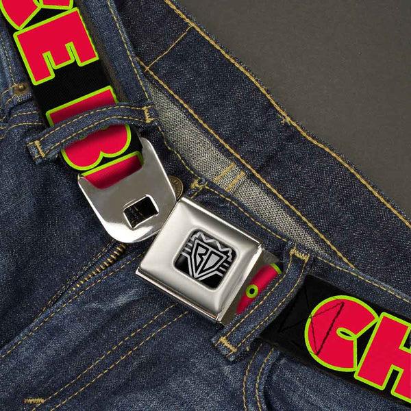Buckle-Down BD Wings Logo CLOSE-UP Full Color Black Silver Seatbelt Belt - NO CHANCE BRO Black/Yellow/Red Webbing