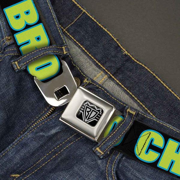 Buckle-Down BD Wings Logo CLOSE-UP Full Color Black Silver Seatbelt Belt - NO CHANCE BRO Black/Turquoise/Green Webbing