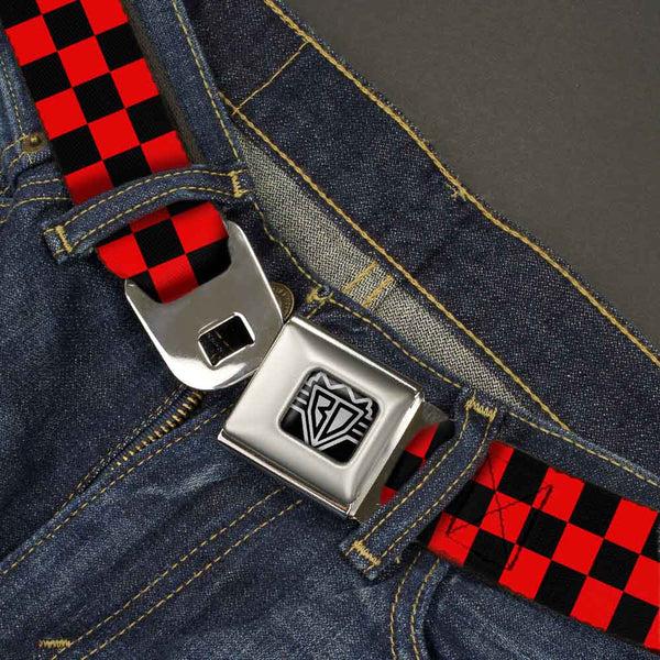 Buckle-Down BD Wings Logo CLOSE-UP Full Color Black Silver Seatbelt Belt - Checker Black/Red Webbing