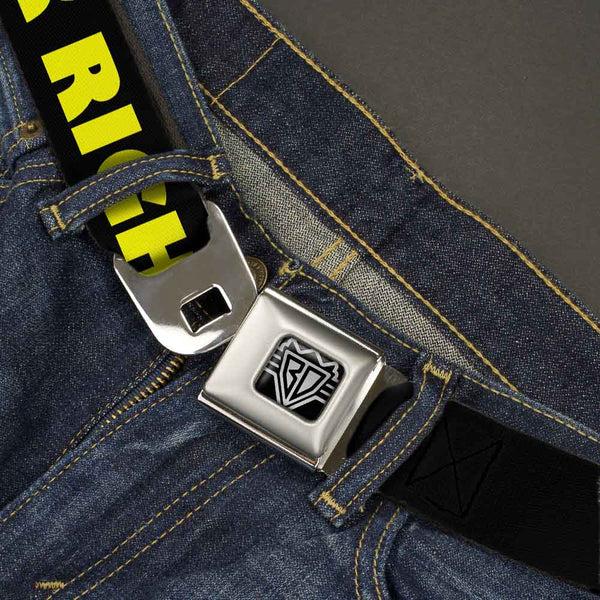 Buckle-Down BD Wings Logo CLOSE-UP Full Color Black Silver Seatbelt Belt - J/K RIGHT? Black/Yellow Webbing