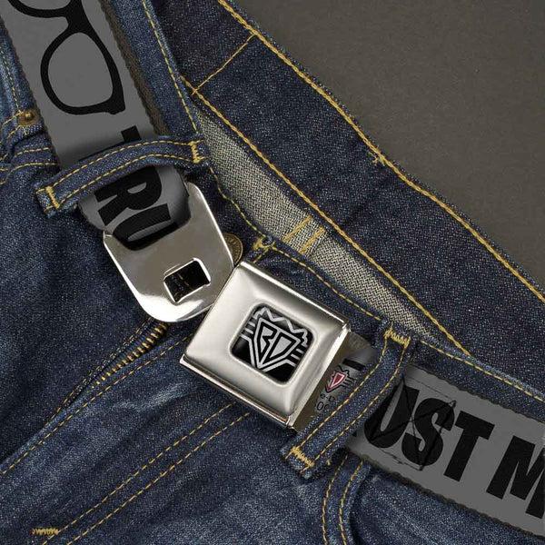 Buckle-Down BD Wings Logo CLOSE-UP Full Color Black Silver Seatbelt Belt - I'M A GEEK/Glasses Gray/Black Webbing