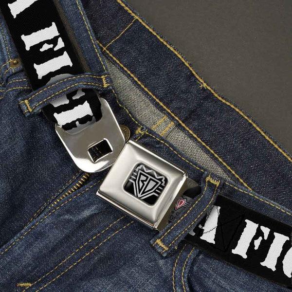 Buckle-Down BD Wings Logo CLOSE-UP Full Color Black Silver Seatbelt Belt - I'M A FIGHTER Black/White Webbing
